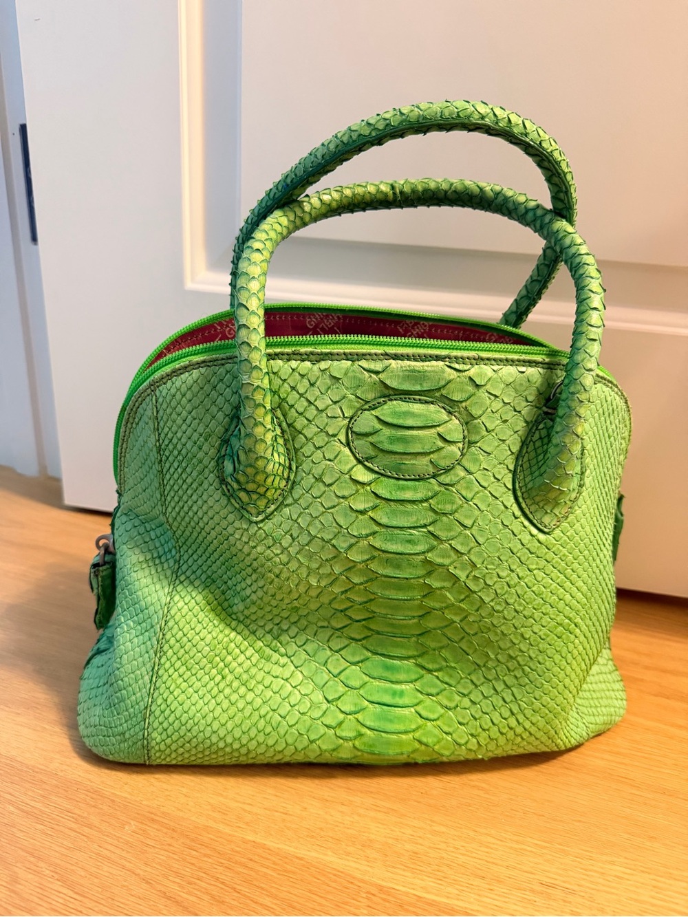 Green Python-Embossed Leather Tote - Picture 4 of 11